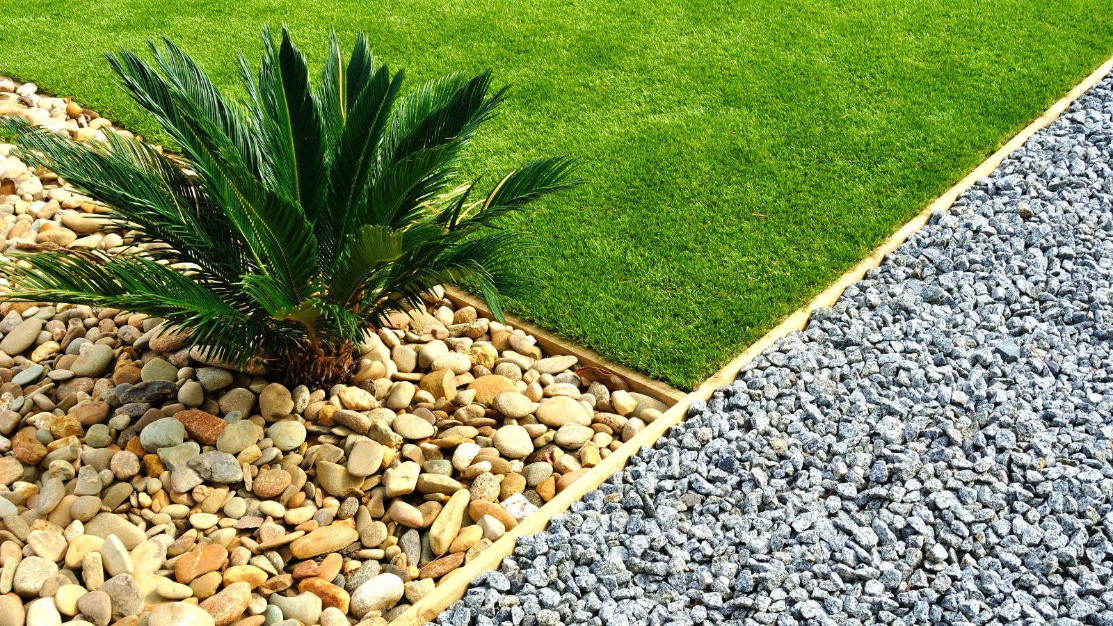 Example of hardscaping vs landscaping with defined zones of grass, decorative gravel, and stone beds featuring a tropical plant.