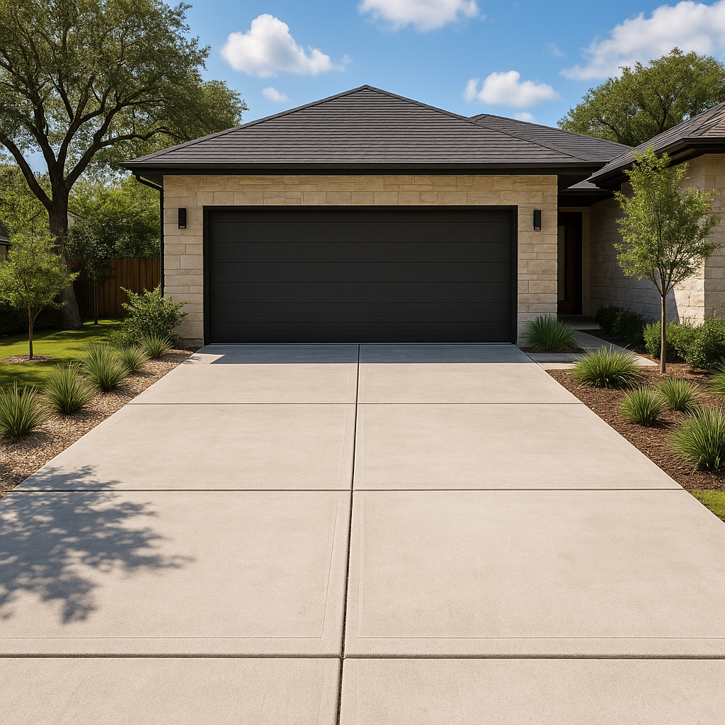 Stamped concrete patio with seating and decor in a residential South Austin backyard